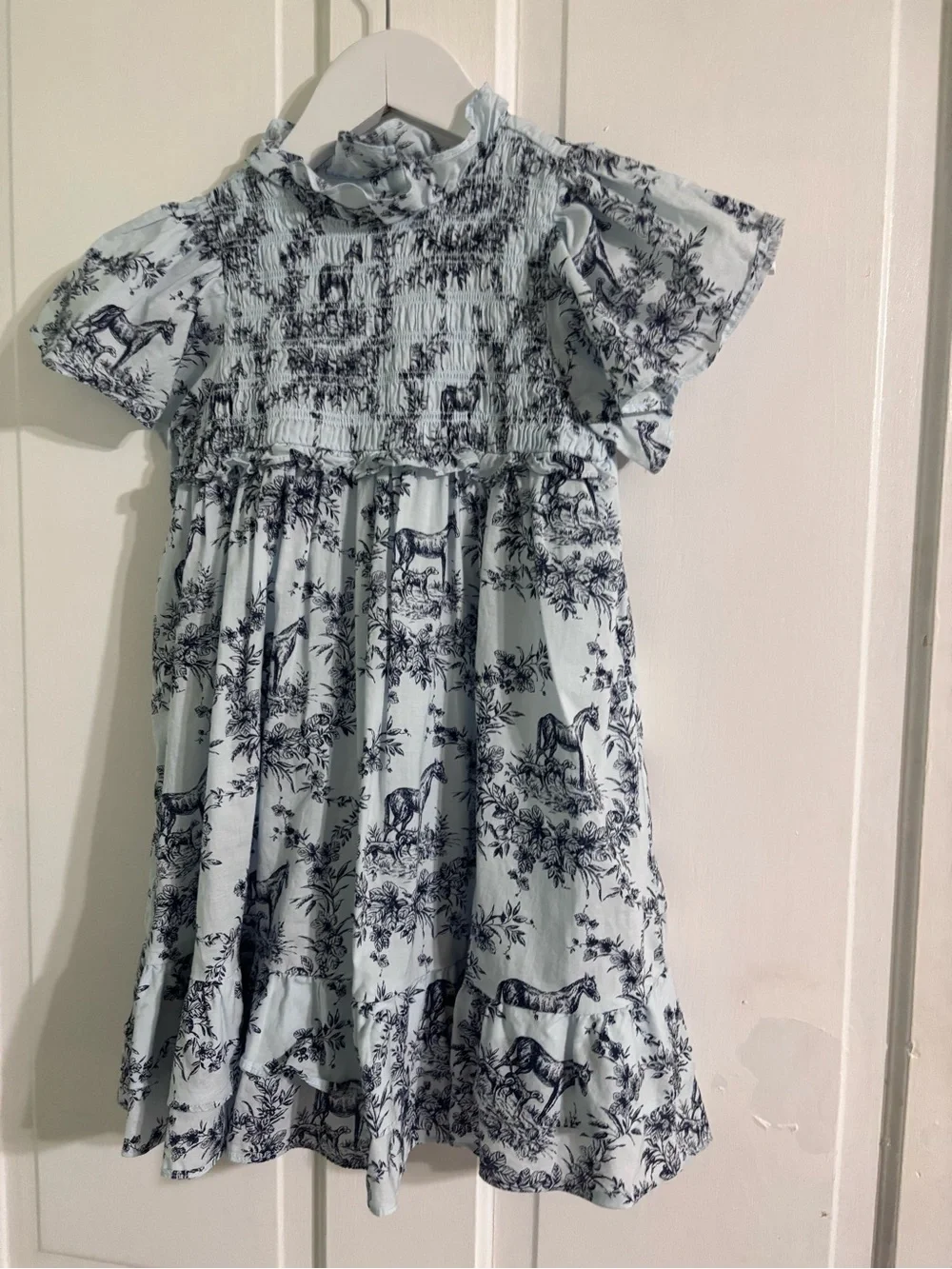 Janie & Jack Light Blue Toile Printed Smocked Kids Dress Horses size 6